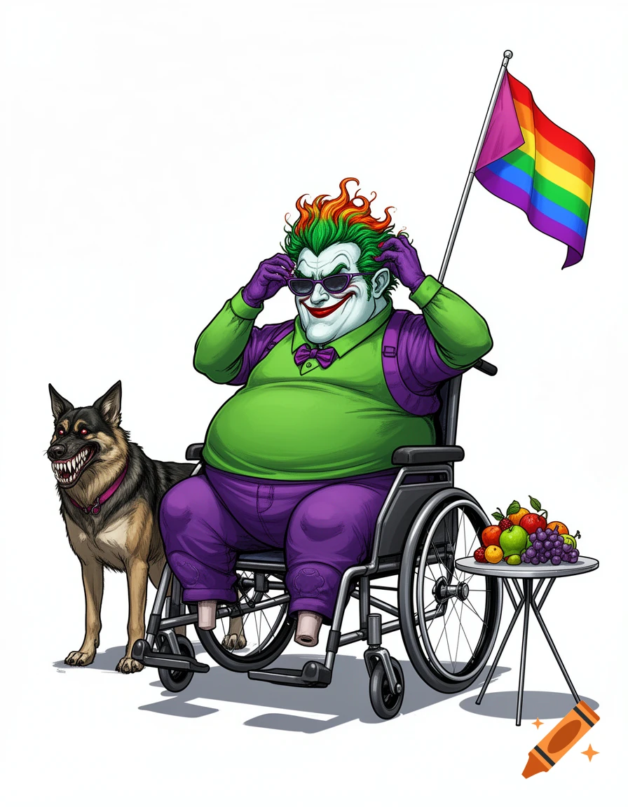 A cartoon of an obese, Joker-like man in a wheelchair with a rainbow pride flag, adjusting sunglasses, with a dog and fruit plate.