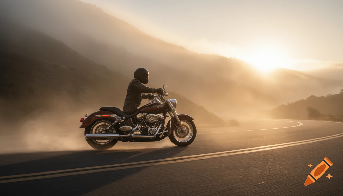 A motorcyclist in a helmet rides a Harley Davidson through a winding mountain road shrouded in mist towards a bright sunset.