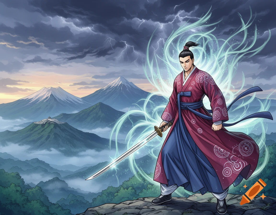 A male character in a red and blue traditional Korean-style robe holds a sword, surrounded by glowing energy, on a mountain peak under a stormy sky with other mountains in the distance, in a manga style.