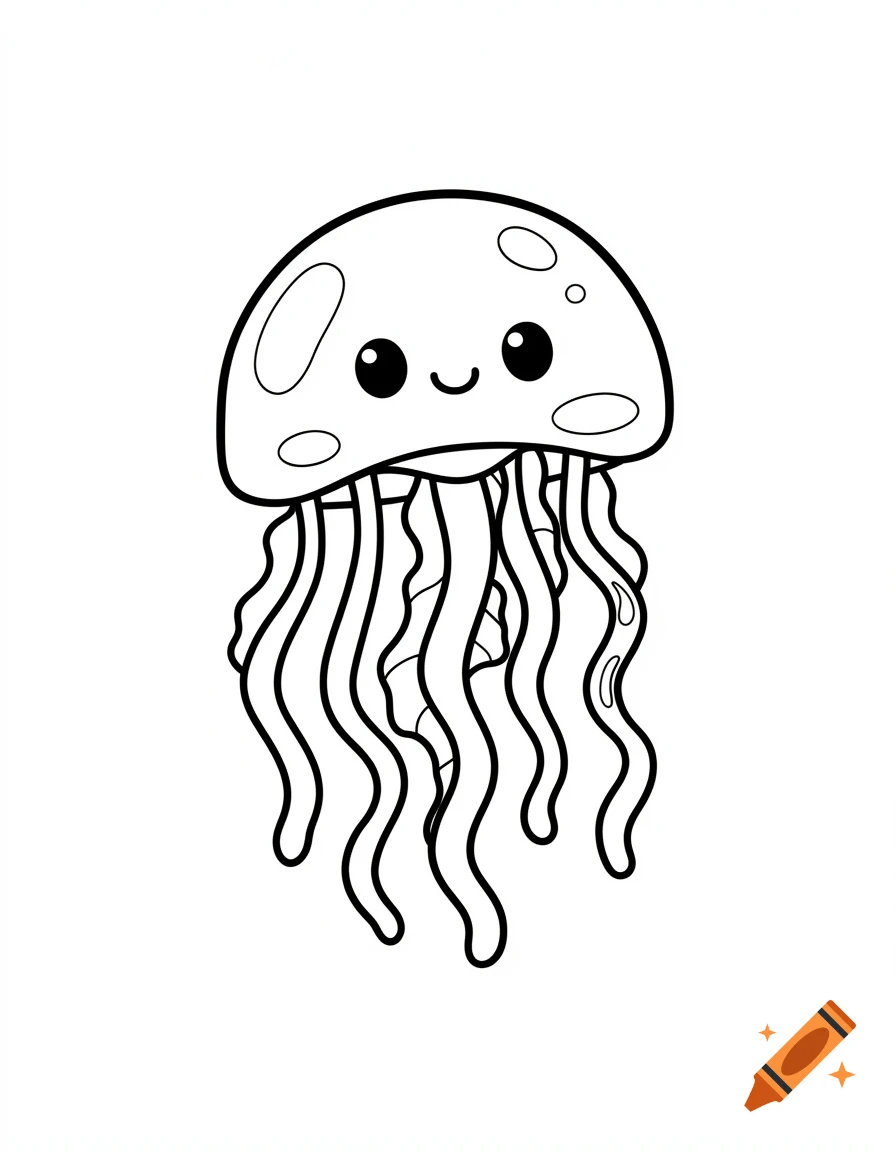 A cartoon jellyfish coloring page with thick black lines and a happy face.