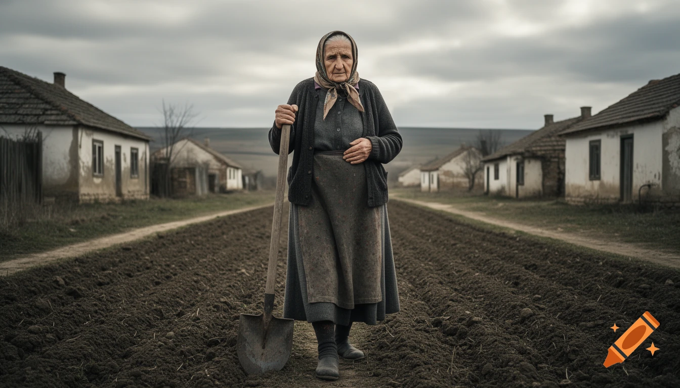 A photorealistic cinematic wide shot of an elderly woman holding a shovel, standing in a plowed field in a rural village under a cloudy sky.