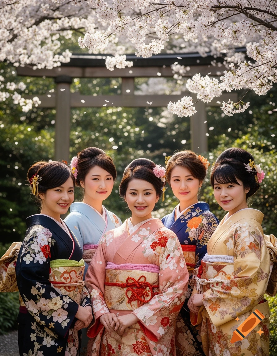 Five smiling Japanese women in colorful kimonos stand beneath blooming cherry blossoms, with a traditional shrine gate in the background. Photorealistic style.