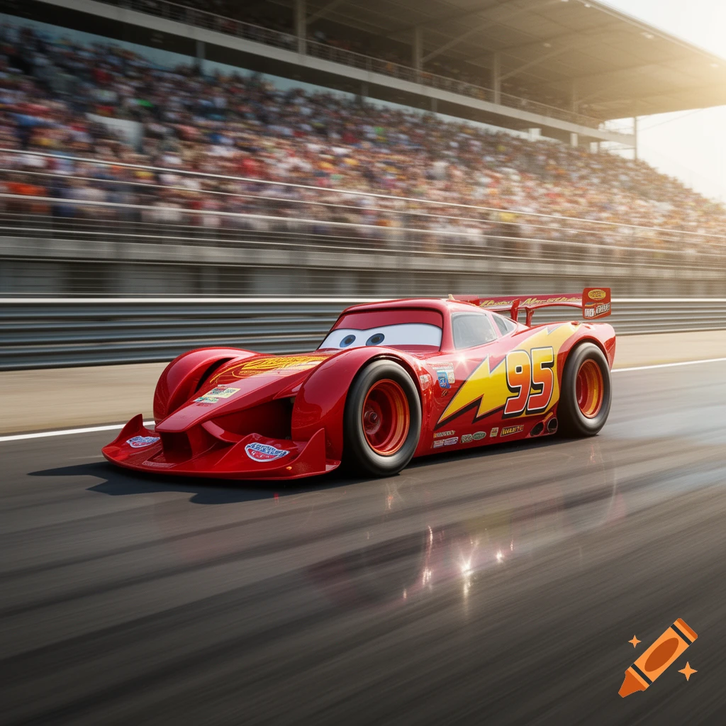 A red F1-style race car resembling Lightning McQueen, with the number 95 and character eyes, speeds on a track with a stadium at sunset.