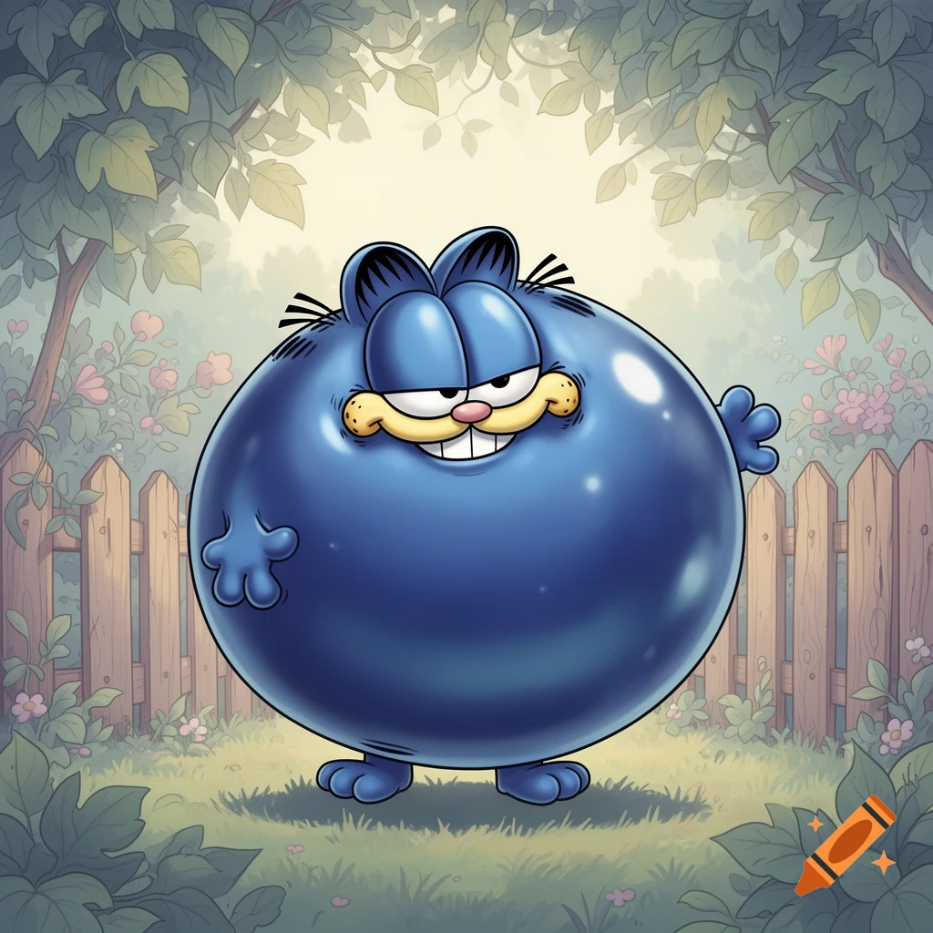 Cartoon Garfield, blue and spherical like a giant blueberry, stands in a green backyard with a fence.