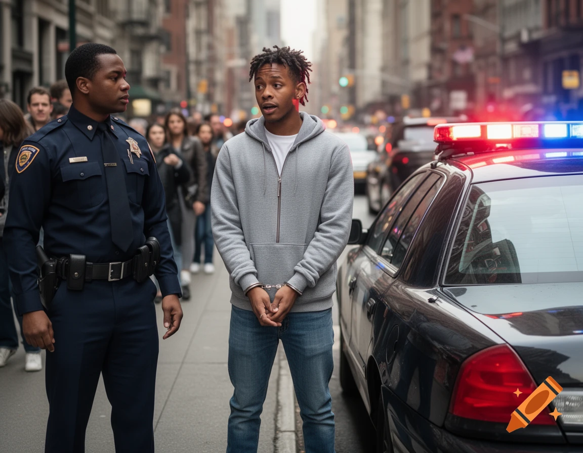 A police officer stands next to a young man in handcuffs beside a patrol car with flashing lights on a busy city street.