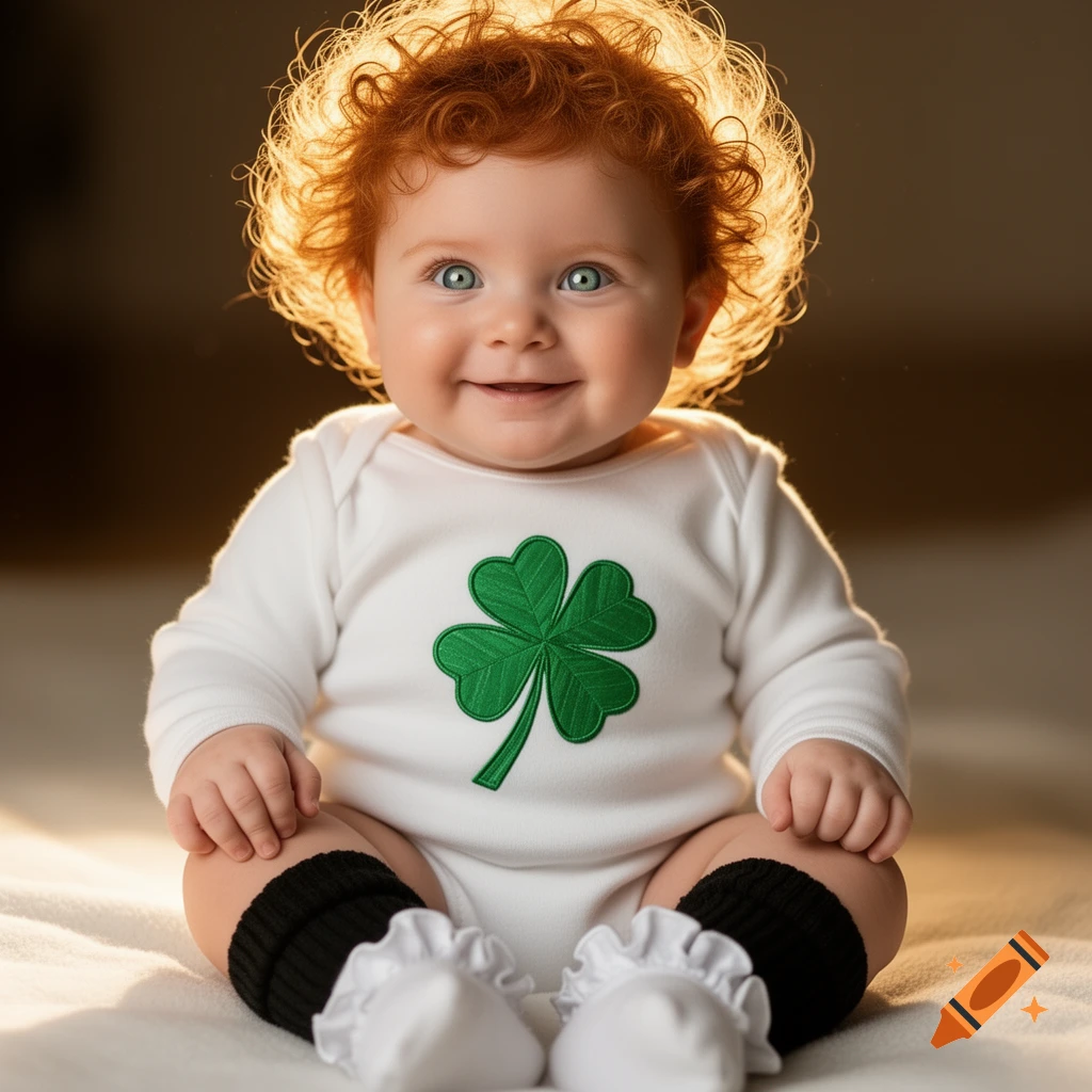 A smiling baby with red curly hair and blue eyes wears a white onesie with a green clover, black leg warmers, and white ruffled socks.