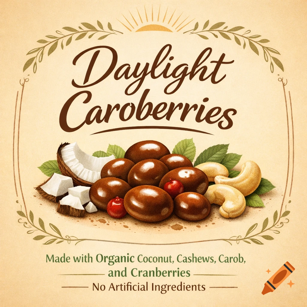A vintage-style product label for Daylight Caroberries, featuring chocolate-covered candies, coconut chunks, cashews, and cranberries, with text detailing organic ingredients.