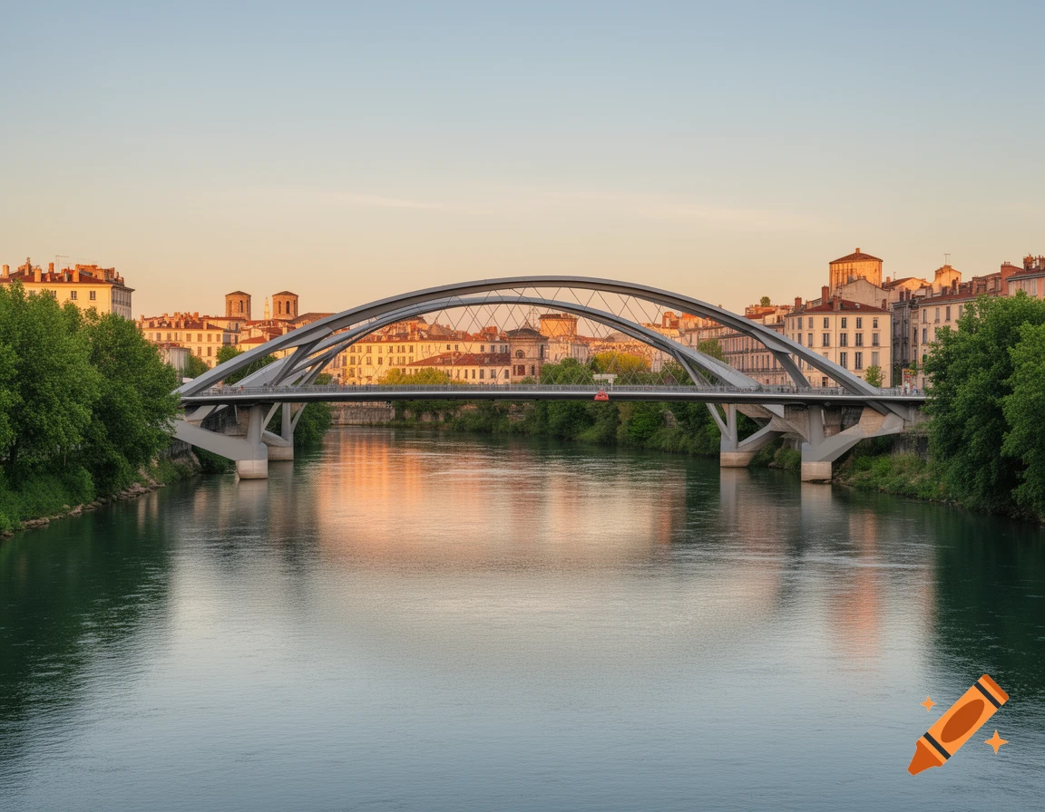 A modern arch bridge spans a wide river with historic city buildings on both banks under a warm sunset sky.