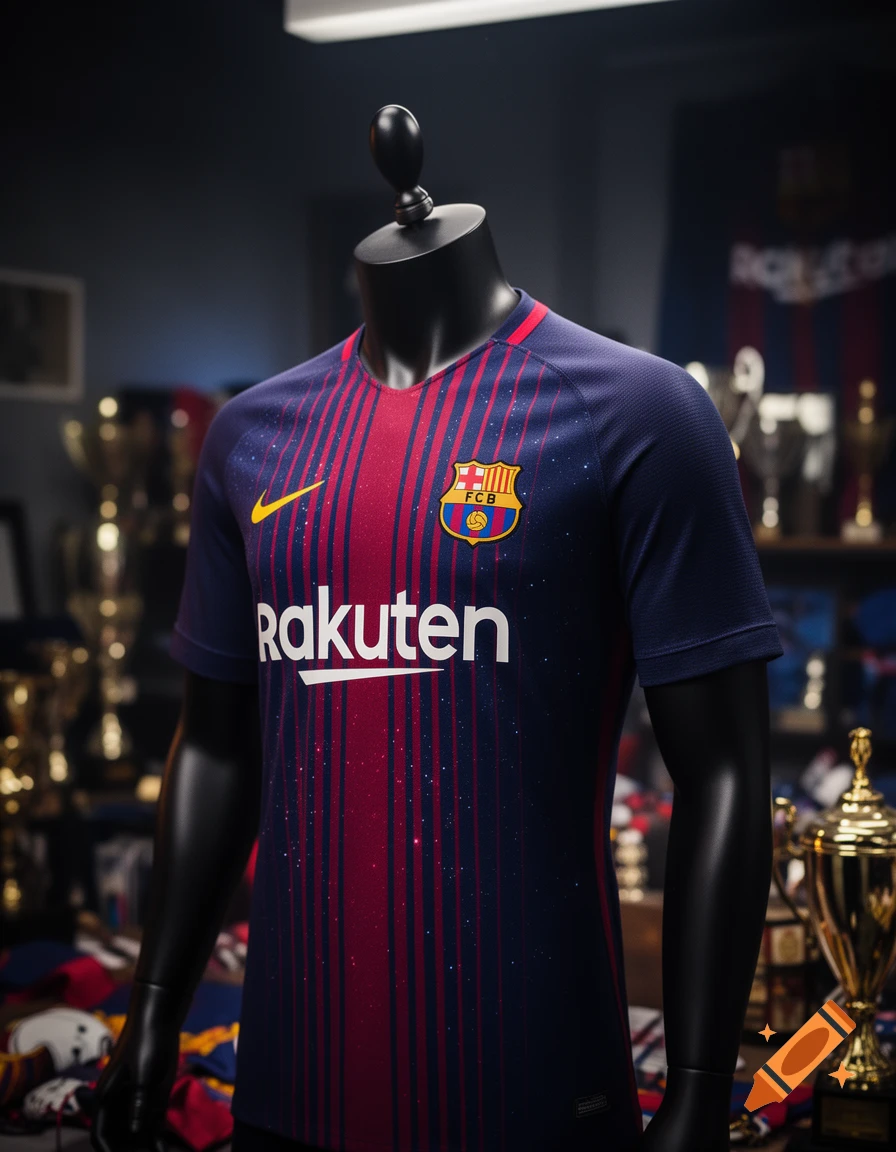 FC Barcelona dark blue and red striped soccer jersey with Rakuten sponsor and FCB crest on a mannequin, surrounded by blurred gold trophies.
