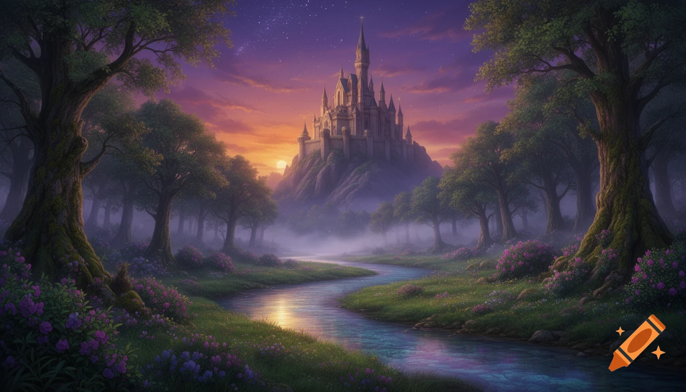 A fantasy castle sits atop a hill, overlooking a winding river through a lush, misty forest at sunset or twilight, in a digital painting style.