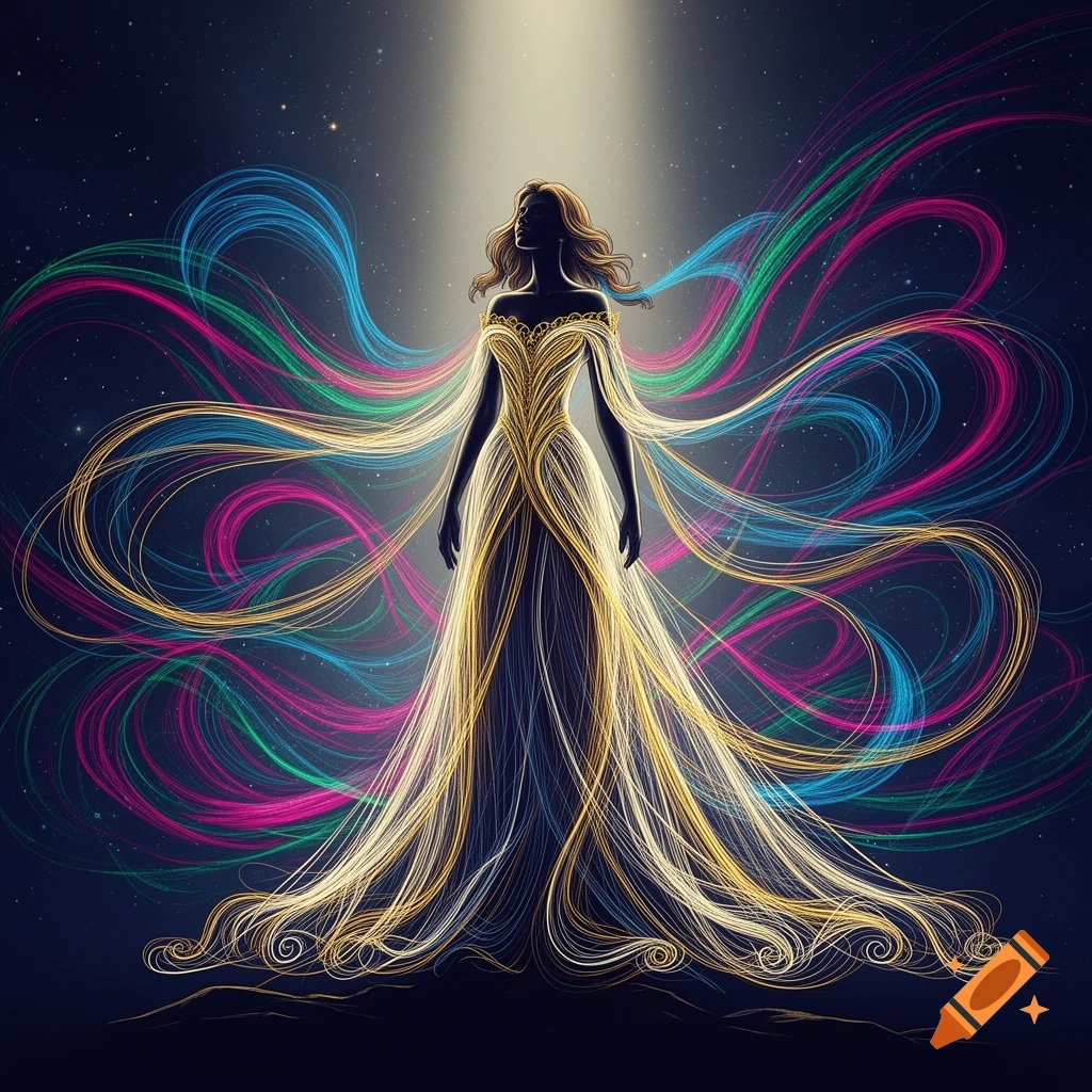 A stylized woman in a long, flowing golden dress made of light, with ...