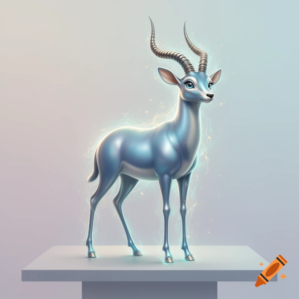 A stylized metallic blue antelope with glowing blue eyes and an aura of electricity stands on a white platform.