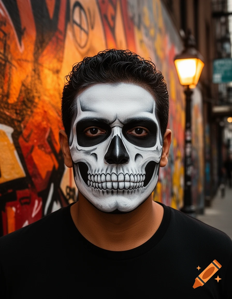 Latino man with intricate skull makeup on his face stands against a colorful graffiti-covered wall, a street lamp softly lit in the background.