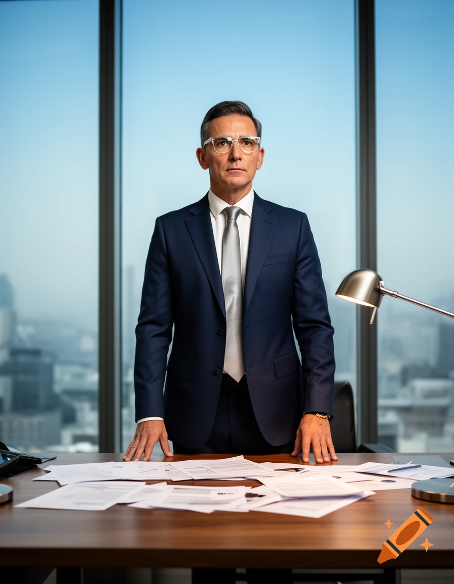 A serious businessman in a navy suit and clear-framed glasses stands at a cluttered desk with papers in a modern office with a city view.