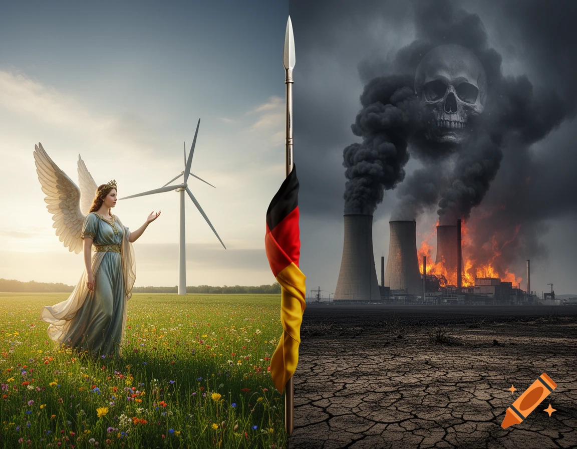 A split image showing an angelic figure and wind turbine in a green field on the left, contrasted with a burning power plant and a skull in smoke over cracked earth on the right. A German flag on a spear divides the halves.