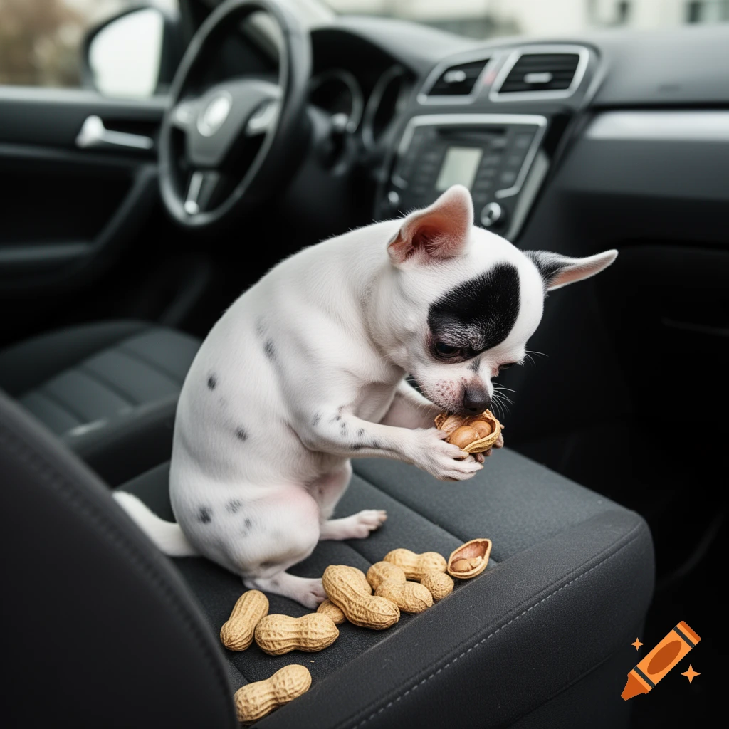 A black and white chihuahua with a black patch over its right eye eats peanuts on the front seat of a car.
