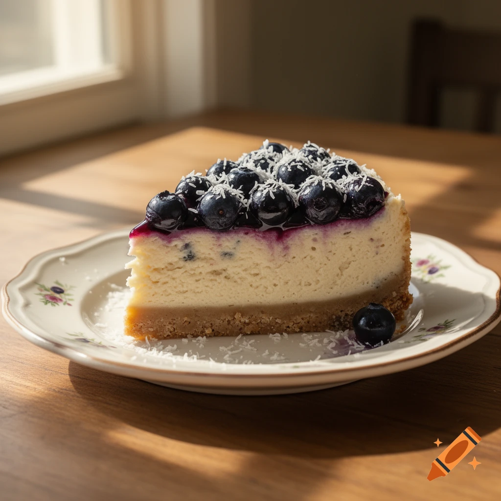 A photorealistic slice of blueberry cheesecake with glaze, fresh blueberries, and shredded coconut on an ornate white plate on a wooden table.