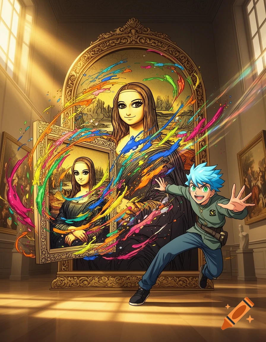 Anime character pushes a Mona Lisa painting that explodes into colorful splatters in an art museum.