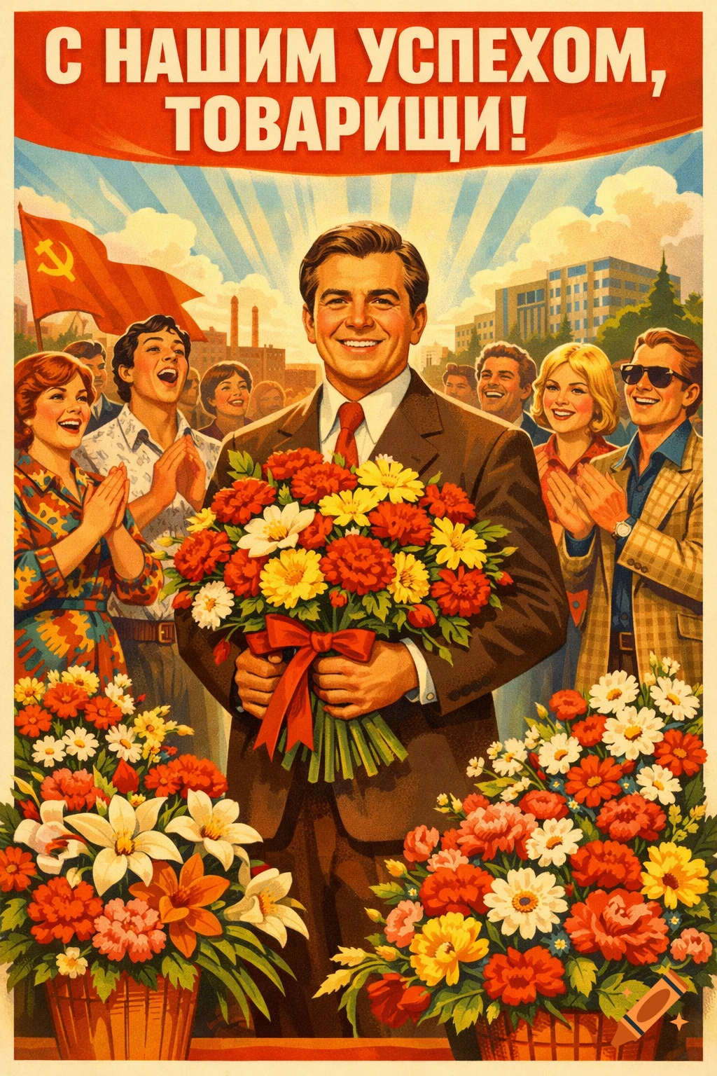 A retro Soviet-style propaganda poster showing a smiling man holding a large bouquet, surrounded by cheering people. A red banner with Russian text hangs above, and a hammer and sickle flag is visible.