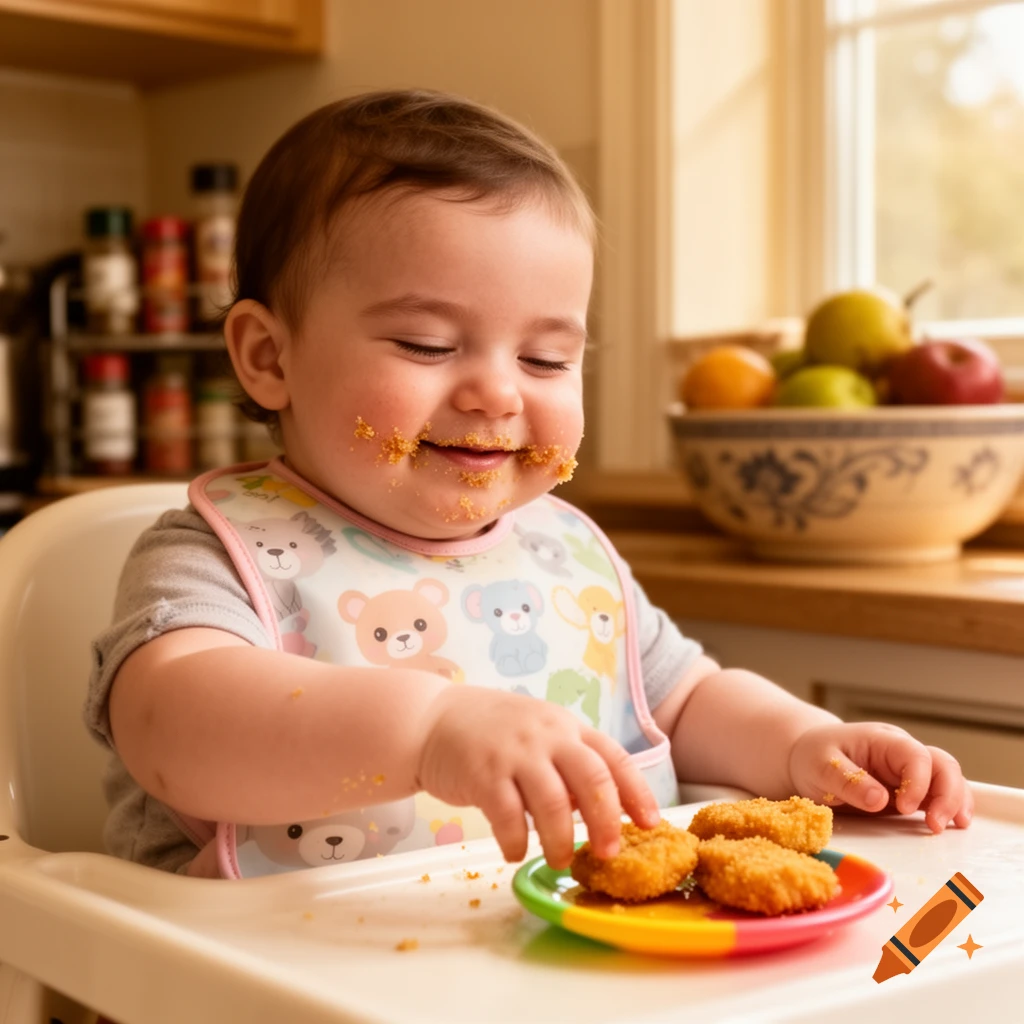 A happy baby with a messy face eats chicken nuggets from a colorful plate in a high chair.