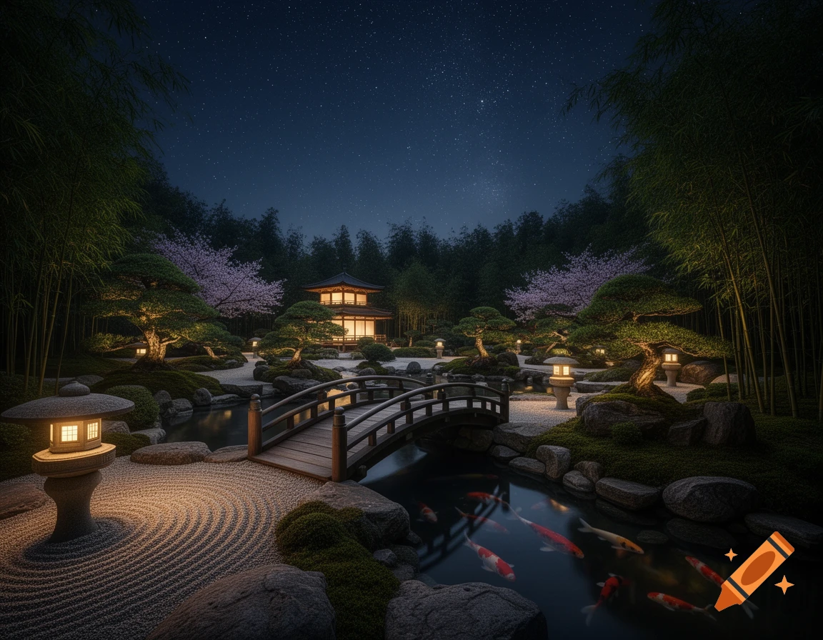 An elegant Japanese garden at night, featuring an illuminated temple, traditional bridge, koi pond, cherry blossoms, and bamboo under a starry sky.