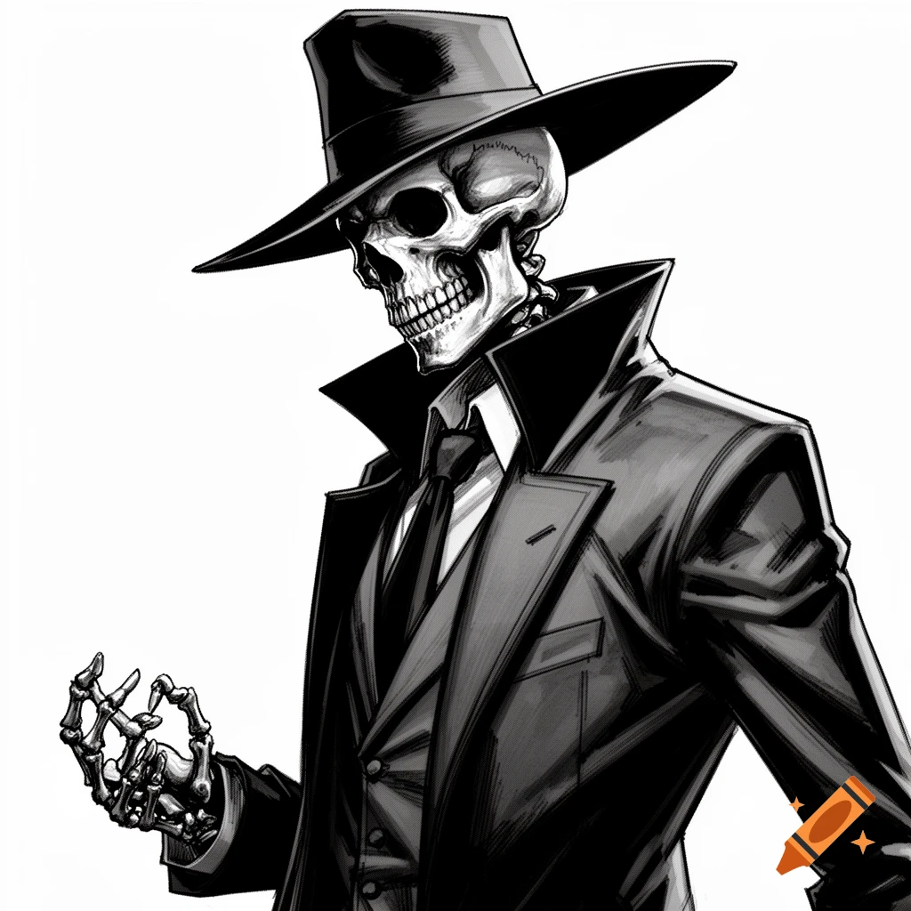 A black and white illustration of a skeleton wearing a fedora hat, trench coat, and tie, looking down with one hand posed.