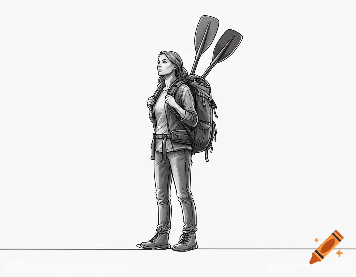 Black and white line drawing of a woman in hiking gear with a backpack and two paddles.