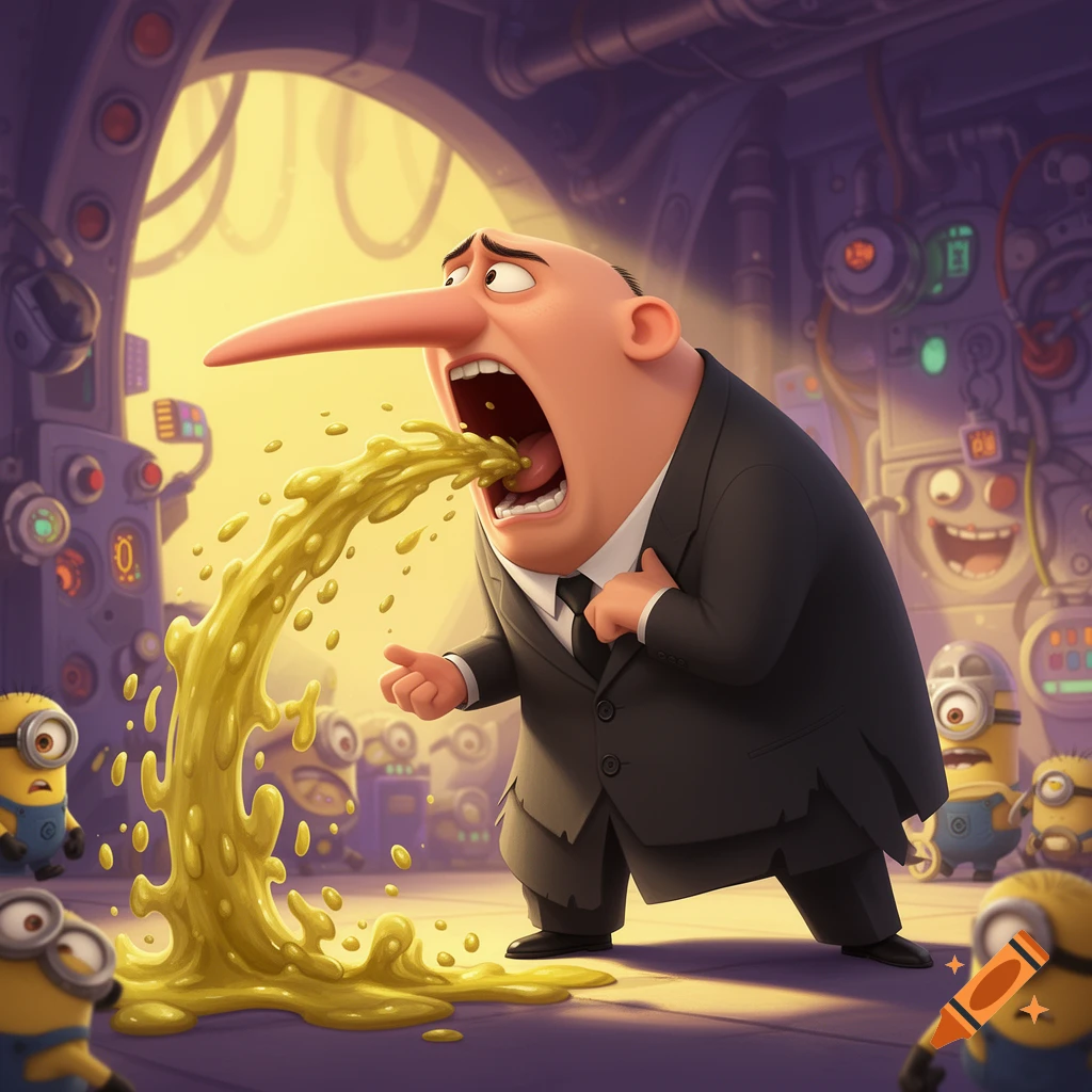 Cartoon Gru from Despicable Me loudly vomiting a yellow stream in a factory, with surprised minions in the background.