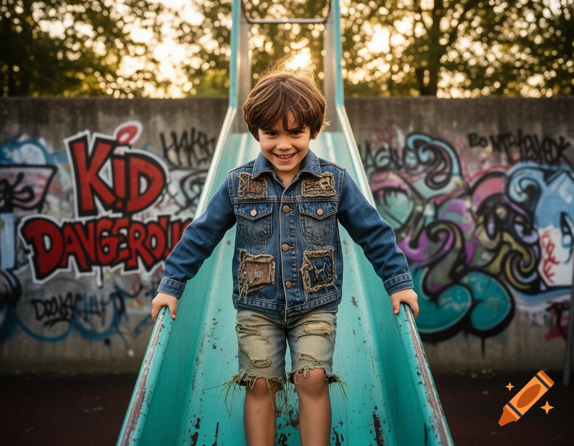 A smiling young boy in a denim jacket and ripped shorts stands on a playground slide in front of a graffiti-covered wall.
