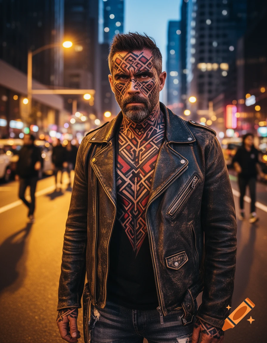 Man with geometric face and chest tattoos, beard, wearing a leather jacket, standing on a city street at night.