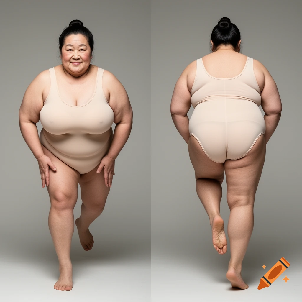 A smiling Asian woman in a light nude-colored high-cut leotard, shown in a front and back view side-by-side on a plain background. She stands on one leg, balancing.