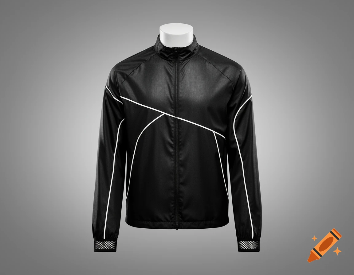 Photorealistic black windbreaker jacket with white lines on a mannequin.