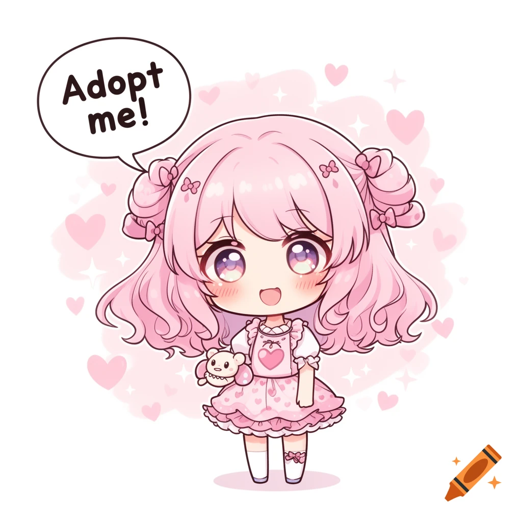 A cute chibi anime girl with pink hair, wearing a pink dress, holding a small white teddy bear, and a speech bubble saying "Adopt me!"
