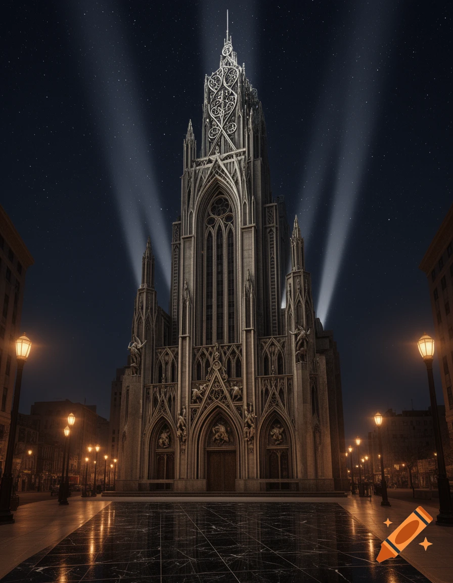 A majestic, ornate Gothic Art Deco cathedral bathed in spotlights at night, reflecting on a polished ground, with illuminated street lamps.