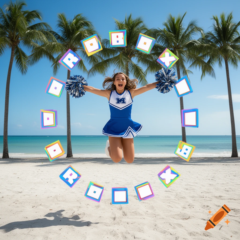 A smiling cheerleader in a blue uniform jumps on a sandy beach with palm trees and turquoise ocean, surrounded by floating Roblox logo blocks.
