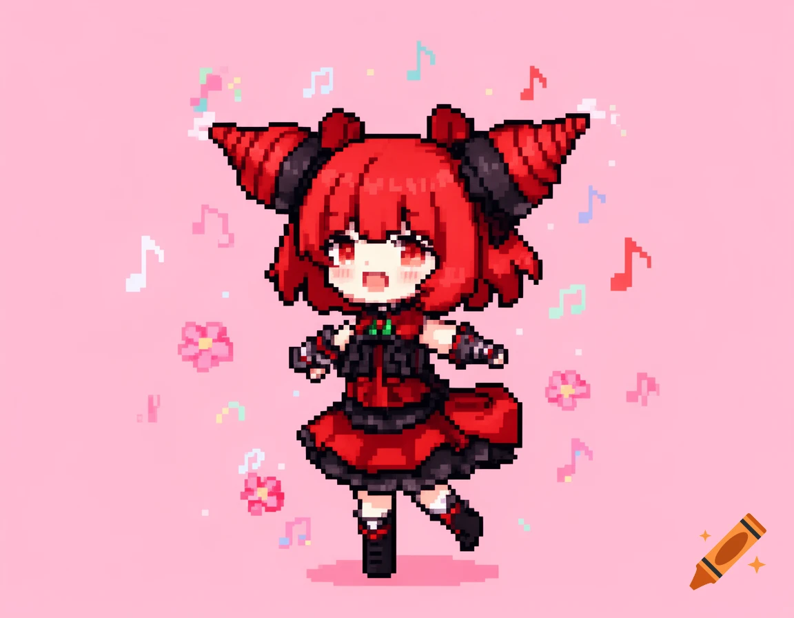 Cute red-haired chibi character in pixel art style, wearing a red and black dress, with drill-like pigtails, surrounded by musical notes and flowers on a pink background.