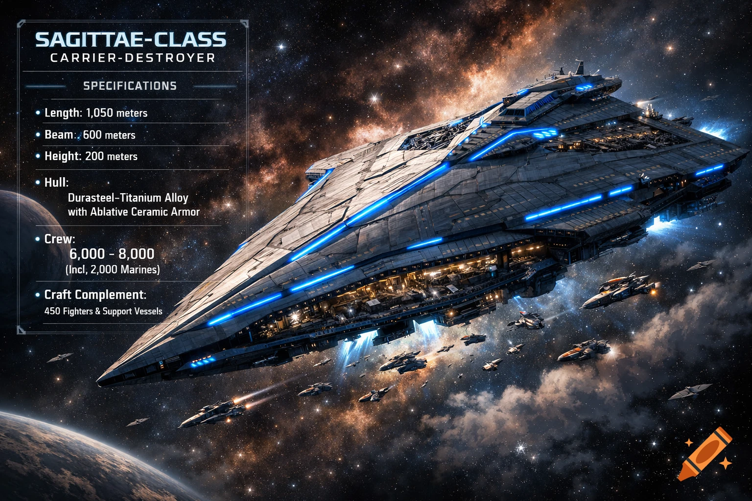 A massive Sagittae-class Carrier-Destroyer spaceship with blue lights, accompanied by smaller craft, against a backdrop of stars and nebulas, with its specifications listed in a data sheet on the left.