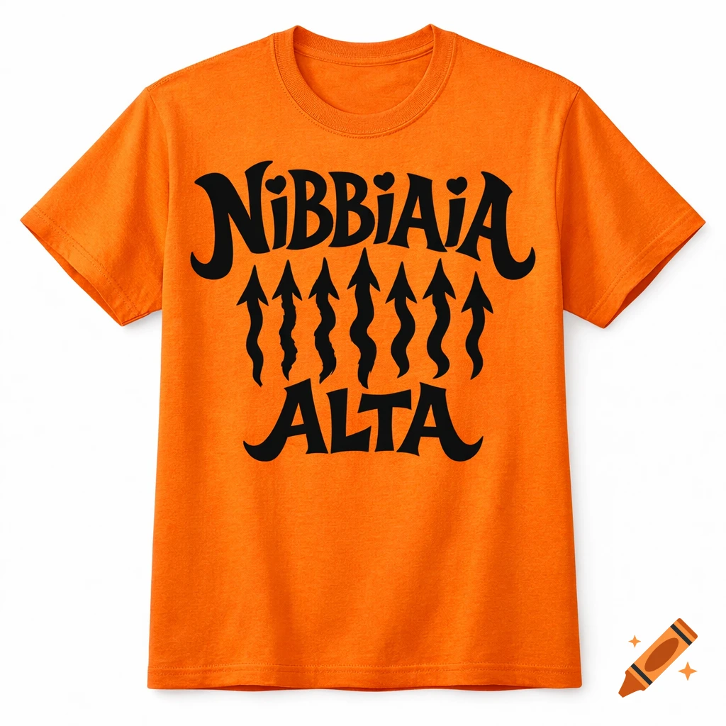 An orange t-shirt with black, stylized, wavy text that reads 'NIBBIAIA' at the top, followed by seven wavy black arrows pointing upwards, and 'ALTA' at the bottom.