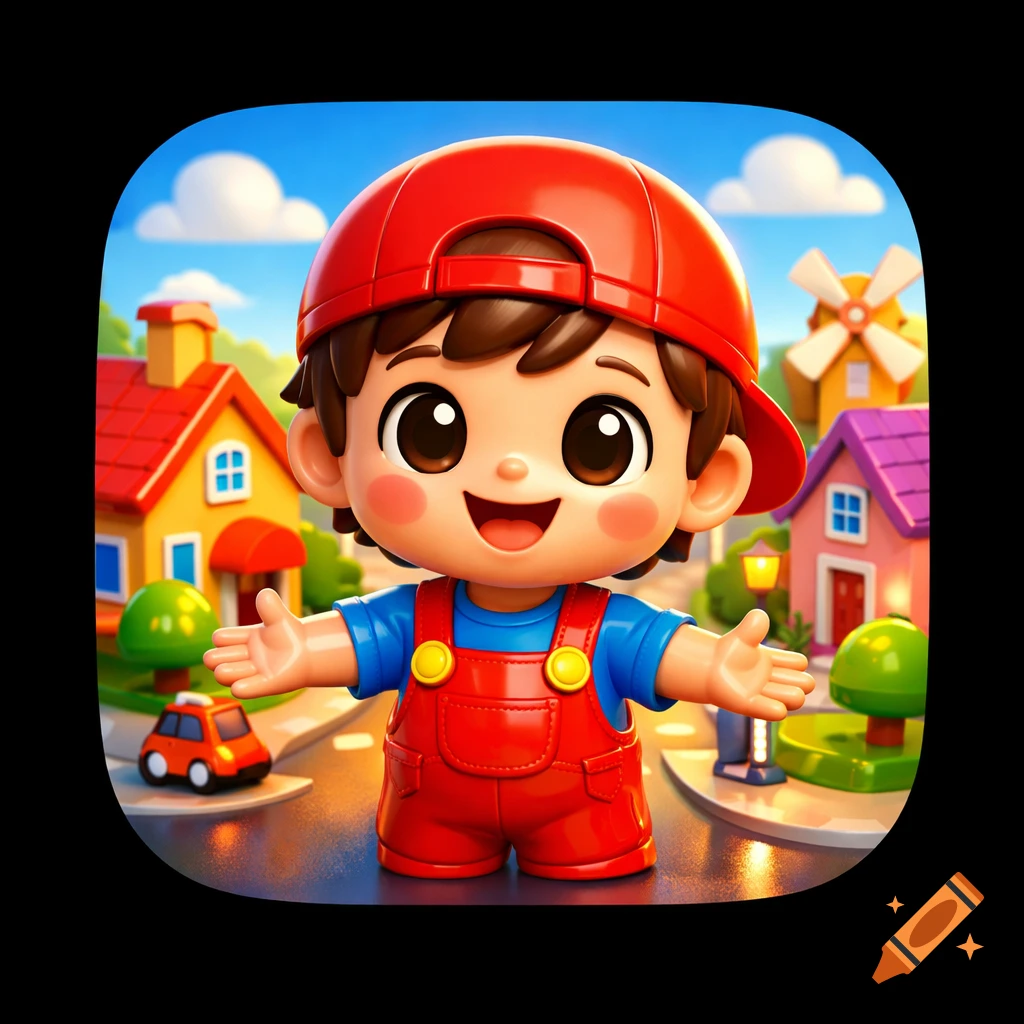 A cute, smiling cartoon boy in red overalls and a baseball cap stands in a glossy 3D toy town scene.