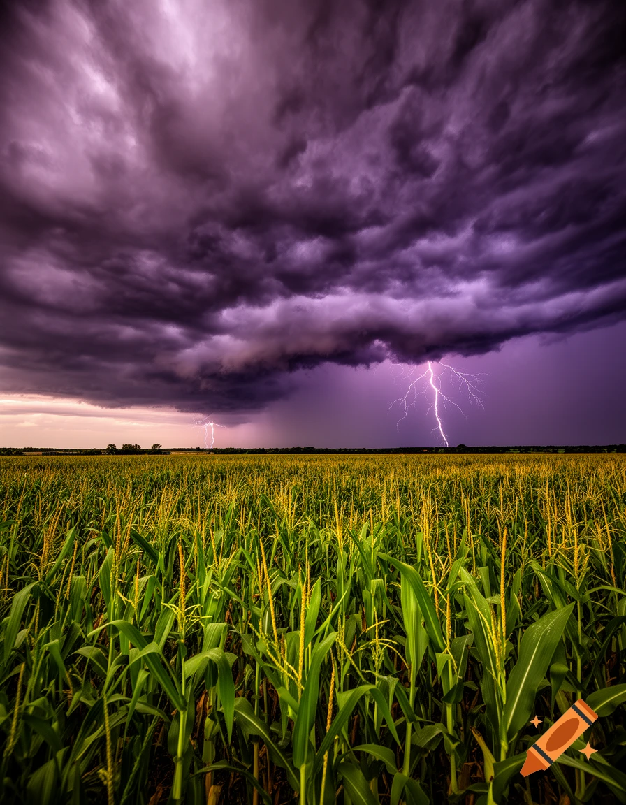 Dramatic lightning strikes illuminate a dark purple stormy sky above a vibrant green cornfield.