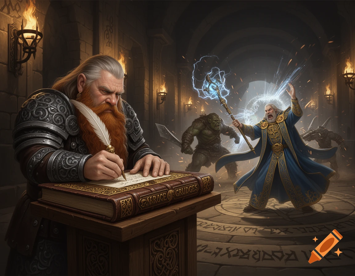A bearded dwarf in armor writes in a large book with a feather quill, while in the background a wizard casts a spell against an orc in a torchlit stone hall.