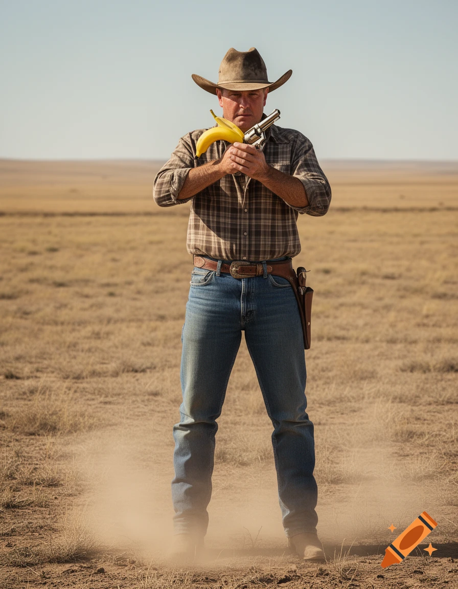 A photorealistic image of a cowboy in a plaid shirt and hat holding a banana like a revolver in a dry, open field.