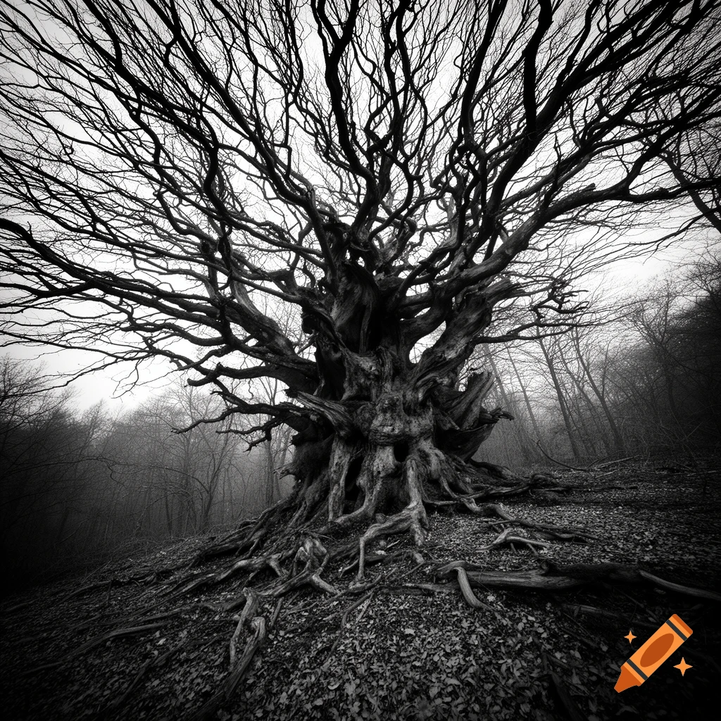 Dramatic black and white photo of a gnarled, ancient tree with bare branches and exposed roots in a misty forest.