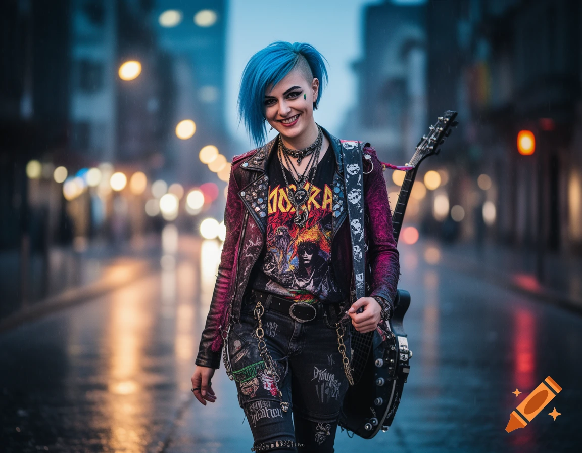 A smiling young woman with vibrant blue hair and punk rock fashion holds a guitar on a wet city street at night, illuminated by bokeh lights.