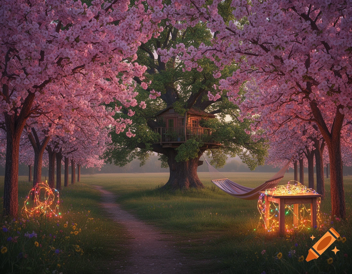 A scenic path lined with pink cherry blossoms, leading to a large tree with a rustic treehouse and a hammock. Colorful string lights adorn the foreground.