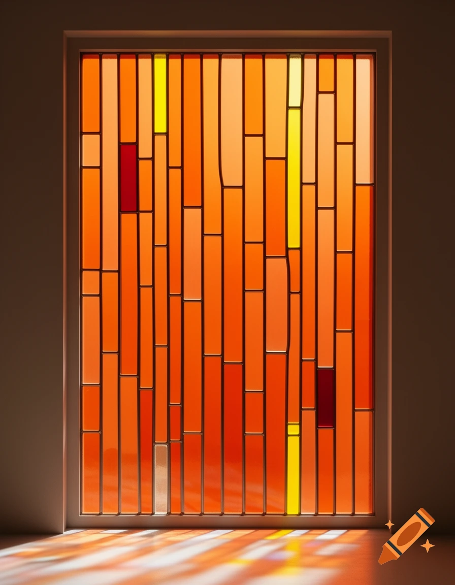 Modern stained glass window with orange, yellow, and red rectangular panes, casting light on the floor.