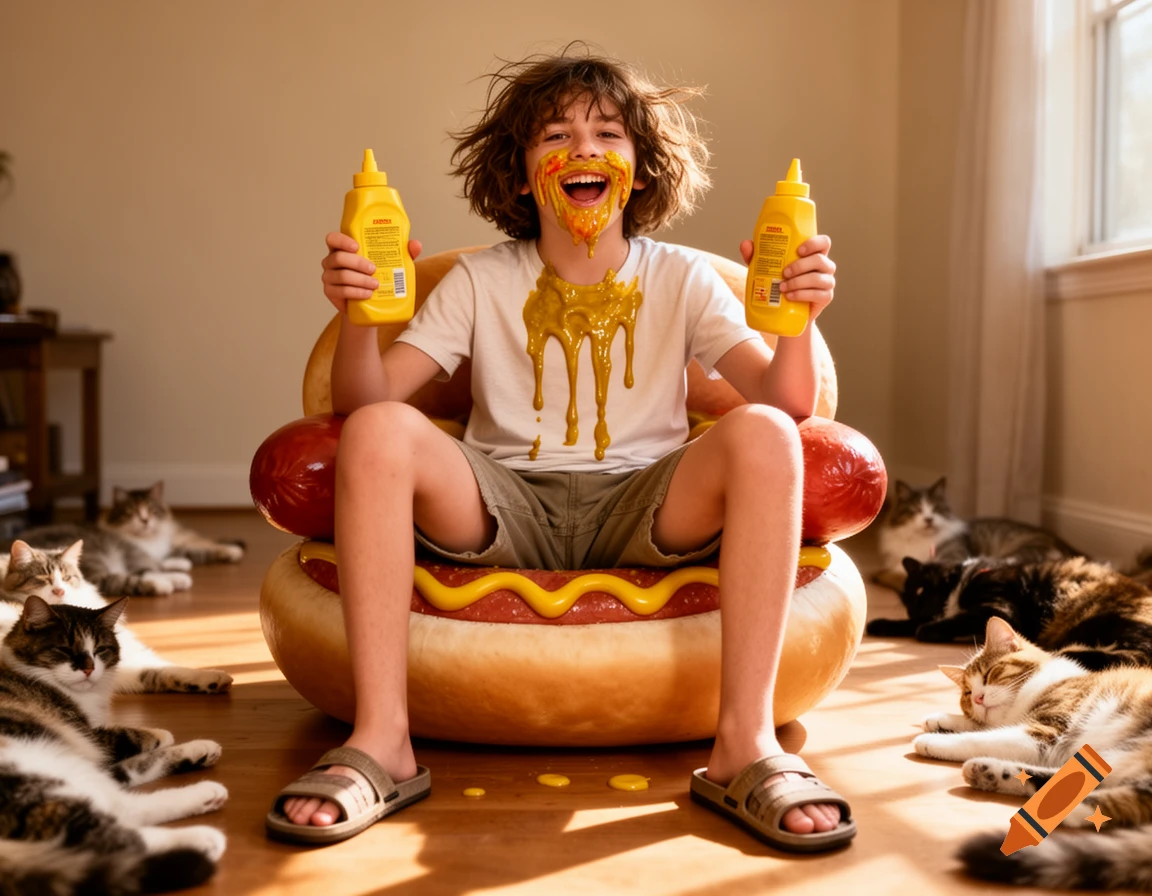 A messy boy sits on a hotdog chair, holding two mustard bottles, with mustard dripping down his face and shirt. Several cats relax on the floor around him.