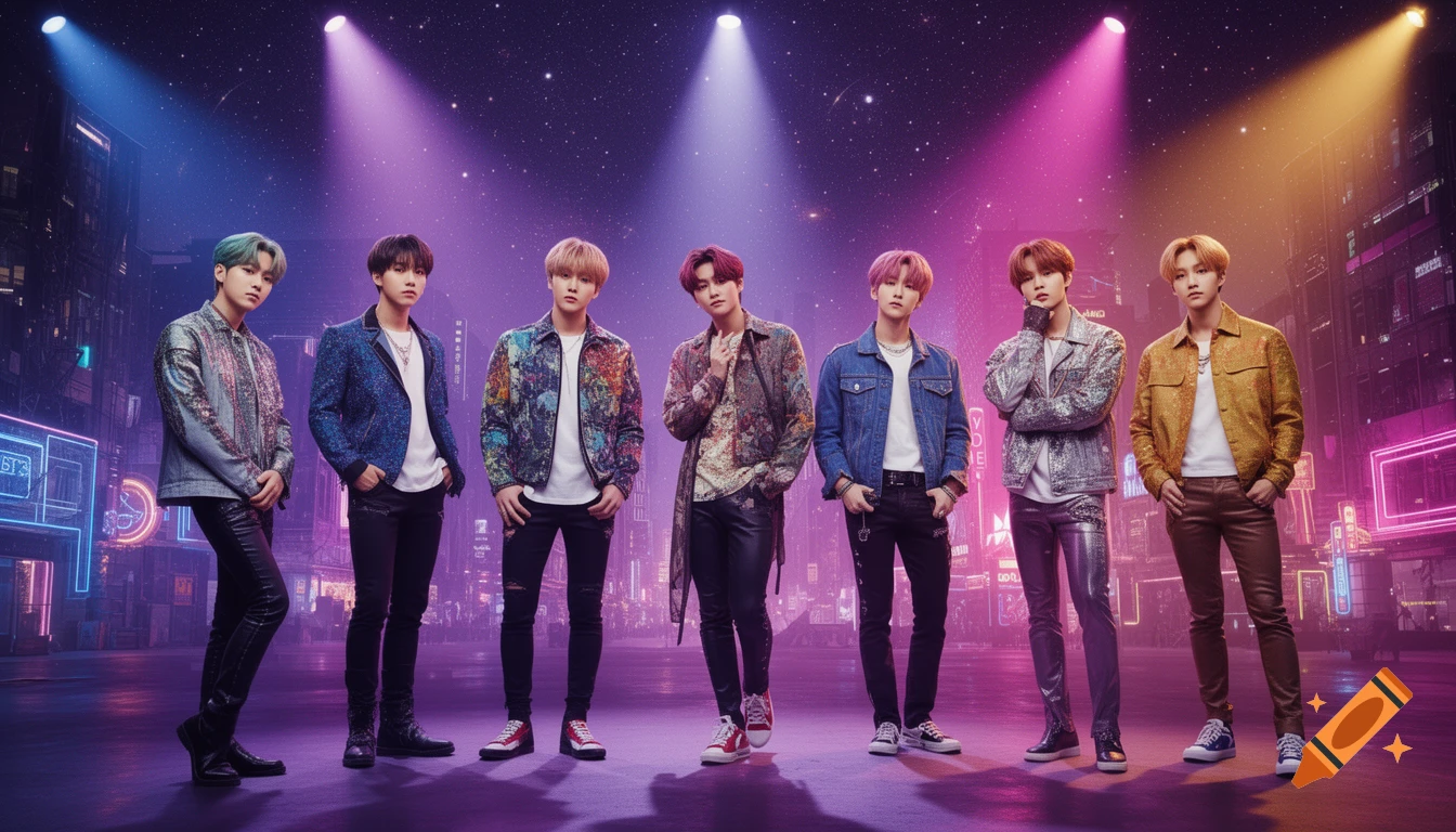 Seven K-pop idols in colorful outfits stand on a stage under blue, purple, and pink spotlights with a neon city backdrop.
