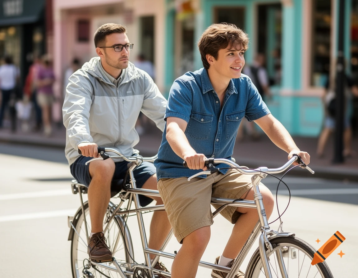 Two men ride a tandem bicycle down a sunny street, one looking forward, the other smiling and looking to the side.