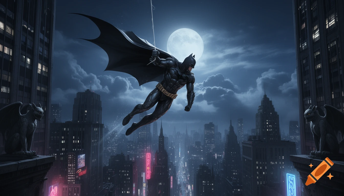 Batman, in his black suit and cape, swings across a dark, sprawling Gotham City skyline under a full moon, with glowing neon signs and gargoyles on rooftops.